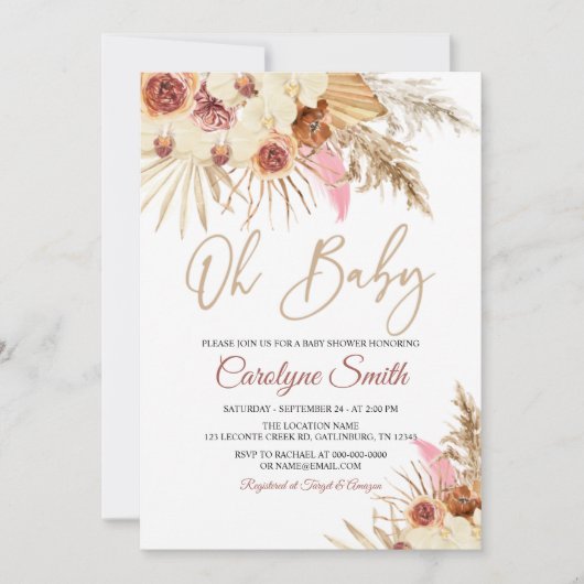 Be-editbare Pampas Gras Oh Baby Shower Uitnodiging (Voorkant)