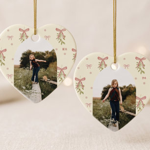 Be-editbare Roze Strik Misteletoe Foto Kerst Hart Keramisch Ornament