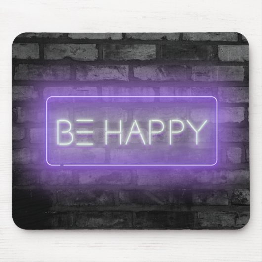BE HAPPY Paarse Neon Sign Muismat (Voorkant)