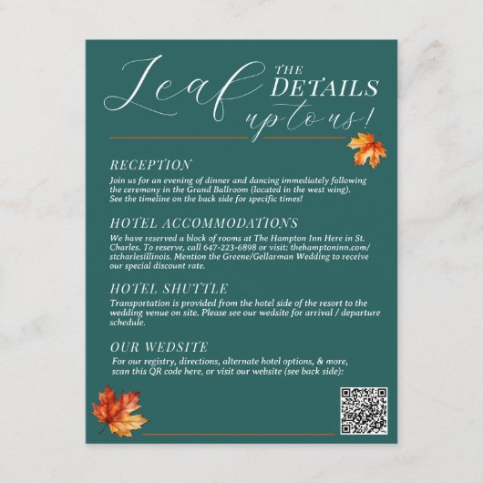 Be Leaf In Love Blauwgroen Rustieke Herfst Bruilof Informatiekaartje (Voorkant)