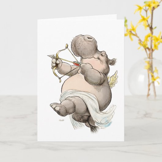 "Be Mine" Hippo Cupid Valentijn Kaart (Gele Bloem)
