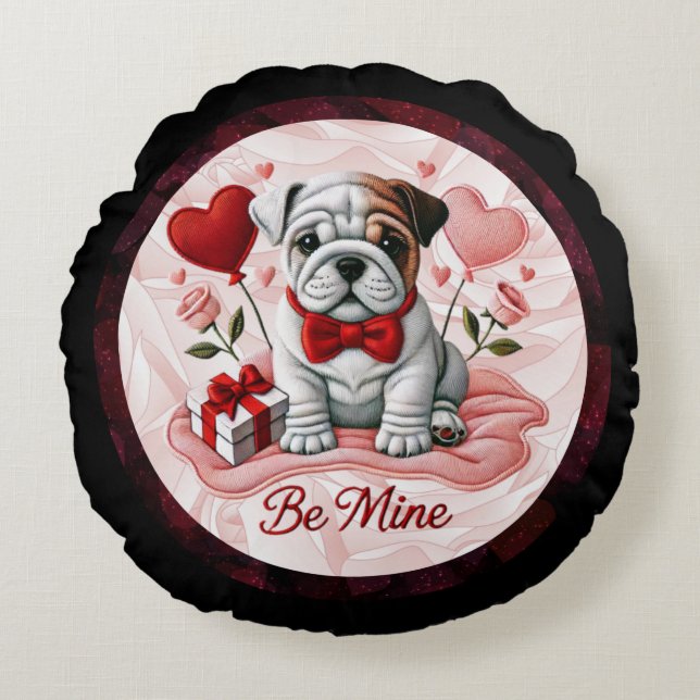 Be Mine Valentijn Engelse Bulldog Ronde Kussen (Voorkant)