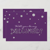 BE MY BRIDESMAID Paarse Silver Glitter Moderne Kaa Kaart (Voorkant / Achterkant)