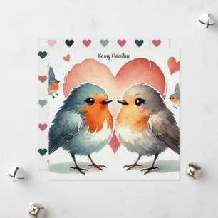 "Be My Valentine" Aquarel Robin Hearts Feestdagenkaart