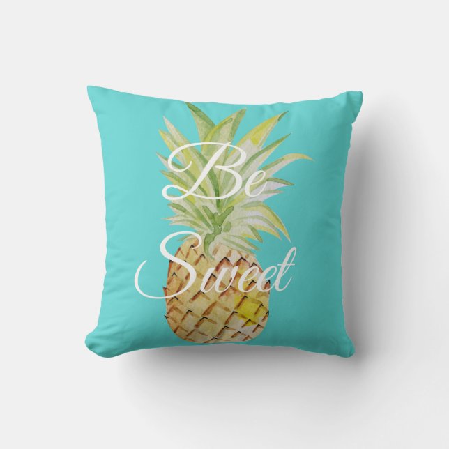 Be Sweet Pineapple Turquoise Blue Waterverf Kussen (Voorkant)