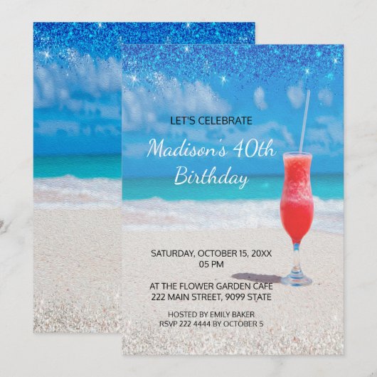 Beach and Cocktail Birthday Invitation Kaart (Voorkant / Achterkant)