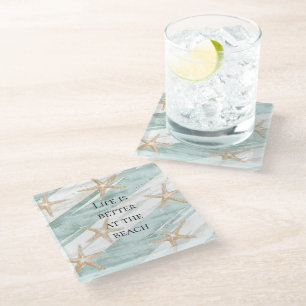 Beach Aqua Mint Starfish Stripes Wedding Glazen Onderzetter