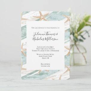 Beach Aqua Mint Starfish Stripes Wedding Kaart