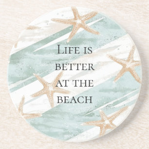 Beach Aqua Mint Starfish Stripes Wedding Zandsteen Onderzetter