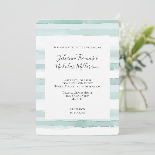 Beach Aqua Mint Stripes Trouwen Kaart (Staand voorkant)
