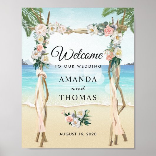 Beach Arbor Floral Tropical Wedding Arch Sign Poster (Voorkant)