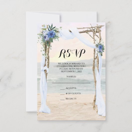 Beach Arbor Sunset Blue Orchid Wedding RSVP Kaart (Voorkant)