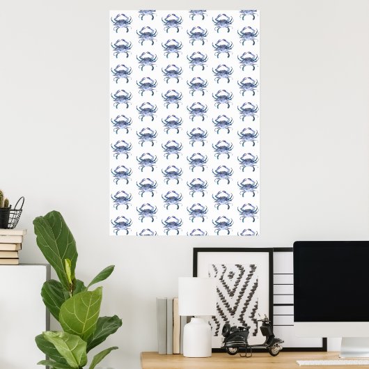 Beach Art Waterverf Coastal Blue Crab Pattern Poster (Thuiskantoor)