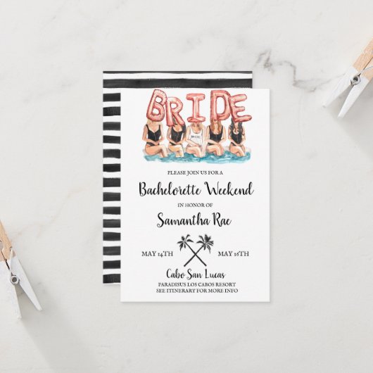 Beach Bachelorette Weekend Invitation Poolside Bac Kaart (Voorkant / Achterkant in situ)