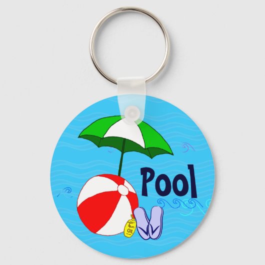 Beach Ball Pool Umbrella Blue Waves Pool Sleutelha Sleutelhanger (Voorkant)