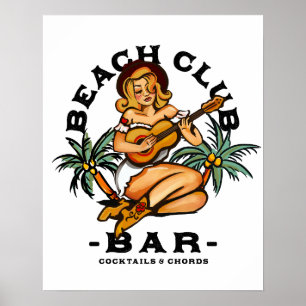 Beach Bar Poster. Retro Zeeman Jerry Gitaar Pin-up Poster