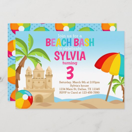Beach Bash Invitation de fête d'anniversaire (Devant / Derrière)