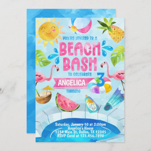 Beach Bash Pool Party of Birthday Uitnodiging (Voorkant / Achterkant)