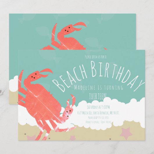 Beach Birthday Crab Sand Ocean Waves Invitation Kaart (Voorkant / Achterkant)
