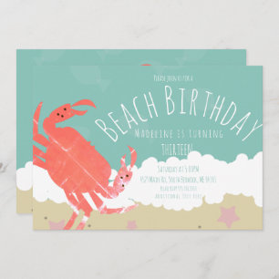 Beach Birthday Crab Sand Ocean Waves Invitation Kaart