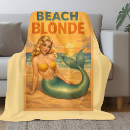 Beach Blonde Pin-Up Mermaid | Yellow Retro Coastal Fleece Deken