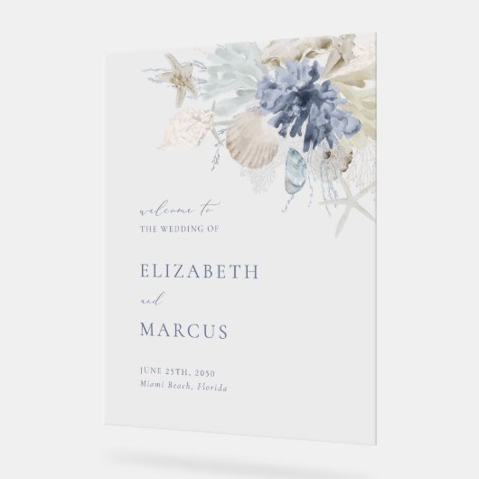 Beach Blue Acrylic Wedding Welcome Sign (Angle)