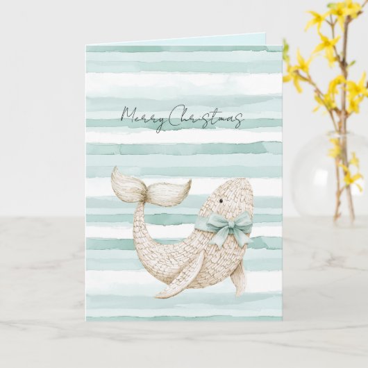 Beach Blue Coastal White Whale Christmas Kaart (Gele Bloem)