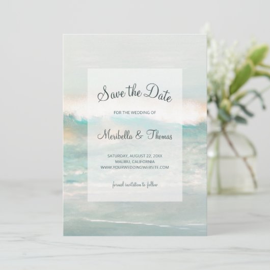 Beach Blue Ocean Waves Weddenschap Save The Date (Staand voorkant)