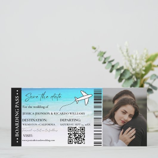 Beach Boarding pass bruiloft opslaan van de datum  Kaart (Staand voorkant)