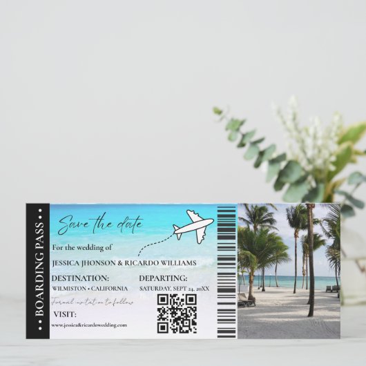 Beach Boarding pass bruiloft opslaan van de datum  Kaart (Staand voorkant)