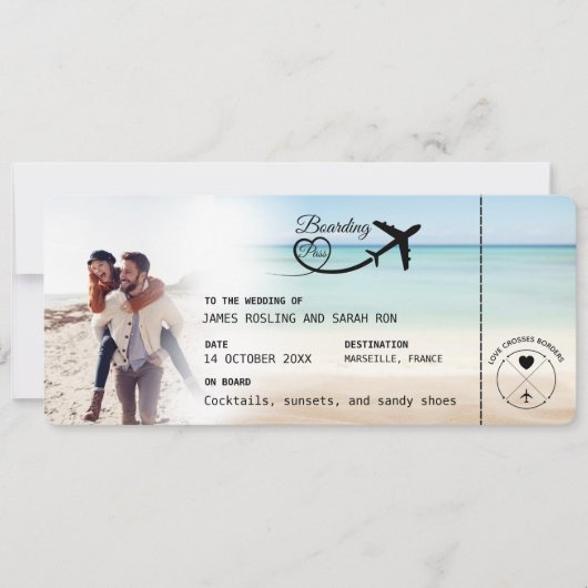 Beach Boarding Pass Wedding Invitation with QR Cod Kaart (Voorkant)