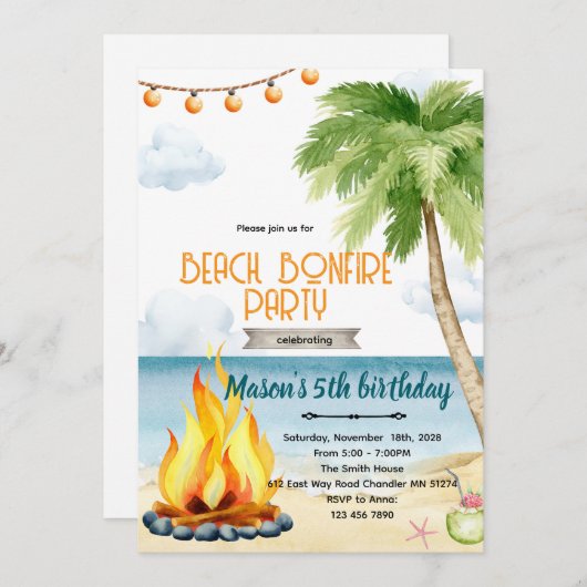 Beach bonfire party theme invitation (Devant / Derrière)