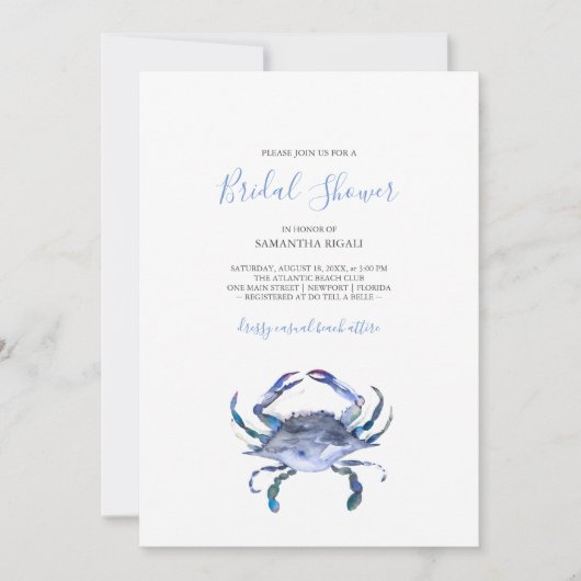 Beach Bridal Shower Invitations Watercolor Crab (Devant)