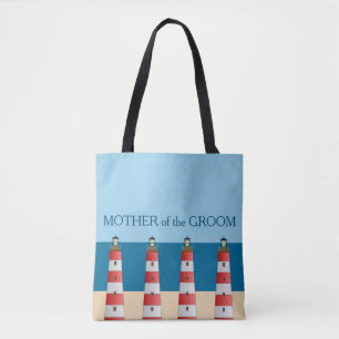 Beach bruiloft Moeder Groom vuurtorens en zee. Tote Bag