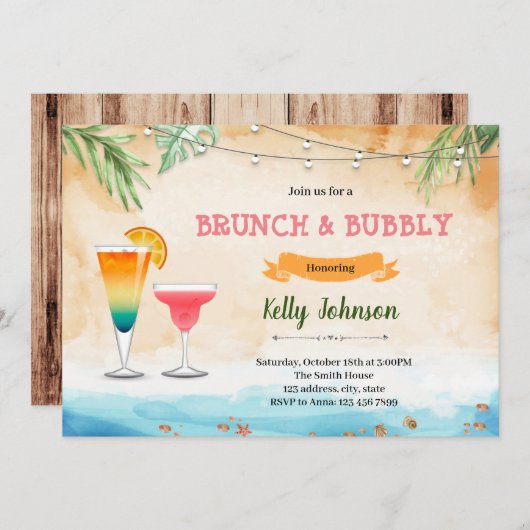 Beach brunch bubbly-uitnodiging kaart (Voorkant / Achterkant)