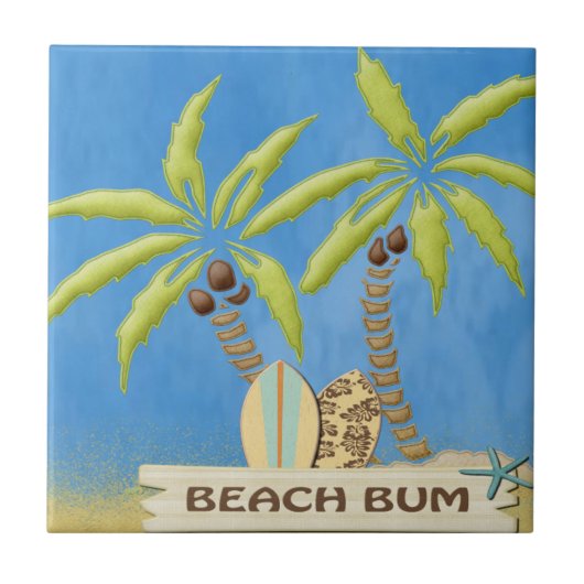 Beach Bum, palmbomen en surfplanken Tegeltje (Voorkant)