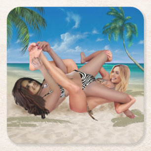 BEACH BUNNY'S TICKLE WRESTLING VIERKANTE KARTONNEN ONDERZETTER