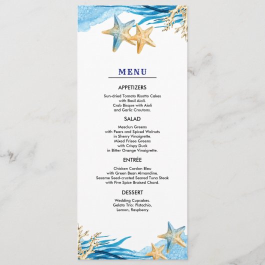 Beach | Cartes de menu Mariage d'aquarelle de mer (Devant)