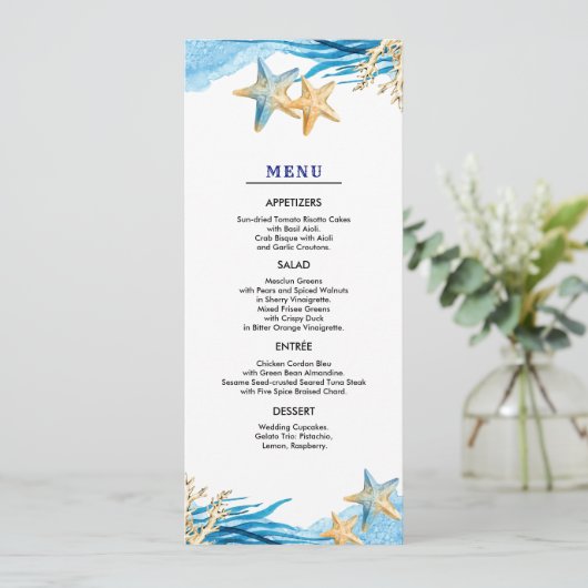 Beach | Cartes de menu Mariage d'aquarelle de mer (Debout devant)