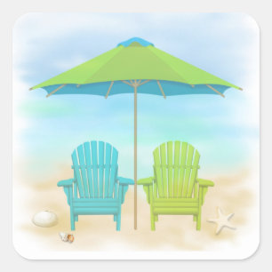 Beach Chairs, Umbrella, Beach Vierkante Sticker