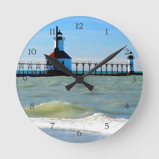 Beach Coastal Lighthouse Pier Ocean Waves Blue Sky Ronde Klok (Voorkant)
