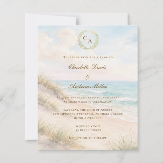 Beach coastal monogrammed wedding invitation (Voorkant)