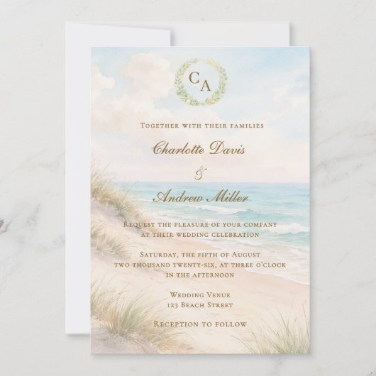 Beach coastal monogrammed wedding kaart (Voorkant)