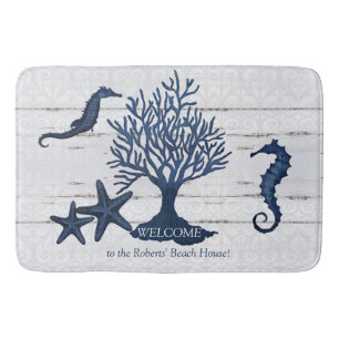 Beach Coastal Navy Blue n Wood Seahorse Coral Badmat