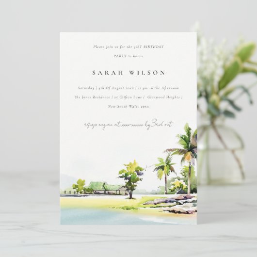 Beach Coastal Palm Tree any Age Birthday Invite Bedankkaart (Staand voorkant)