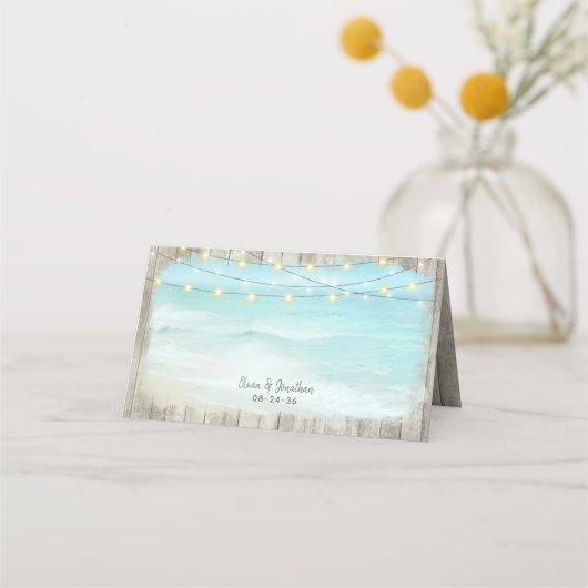 Beach Coastal Rustic Wood String Lights Wedding (Achterkant)