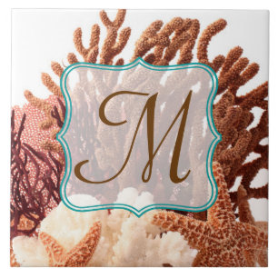 Beach Coral Star Fish Sand Monogram Displayile Tegeltje