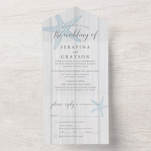 Beach Destination Rustic Starfish Wedding All In One Uitnodiging (Binnen)