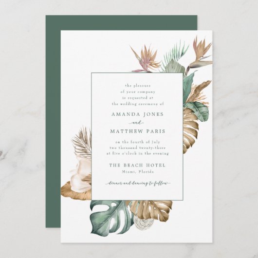 Beach Destination Tropical Leaf Floral Wedding Kaart (Voorkant / Achterkant)