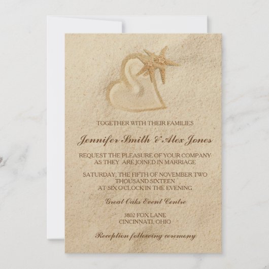 Beach Destination Wedding Invitation Sand & Heart Kaart (Voorkant)